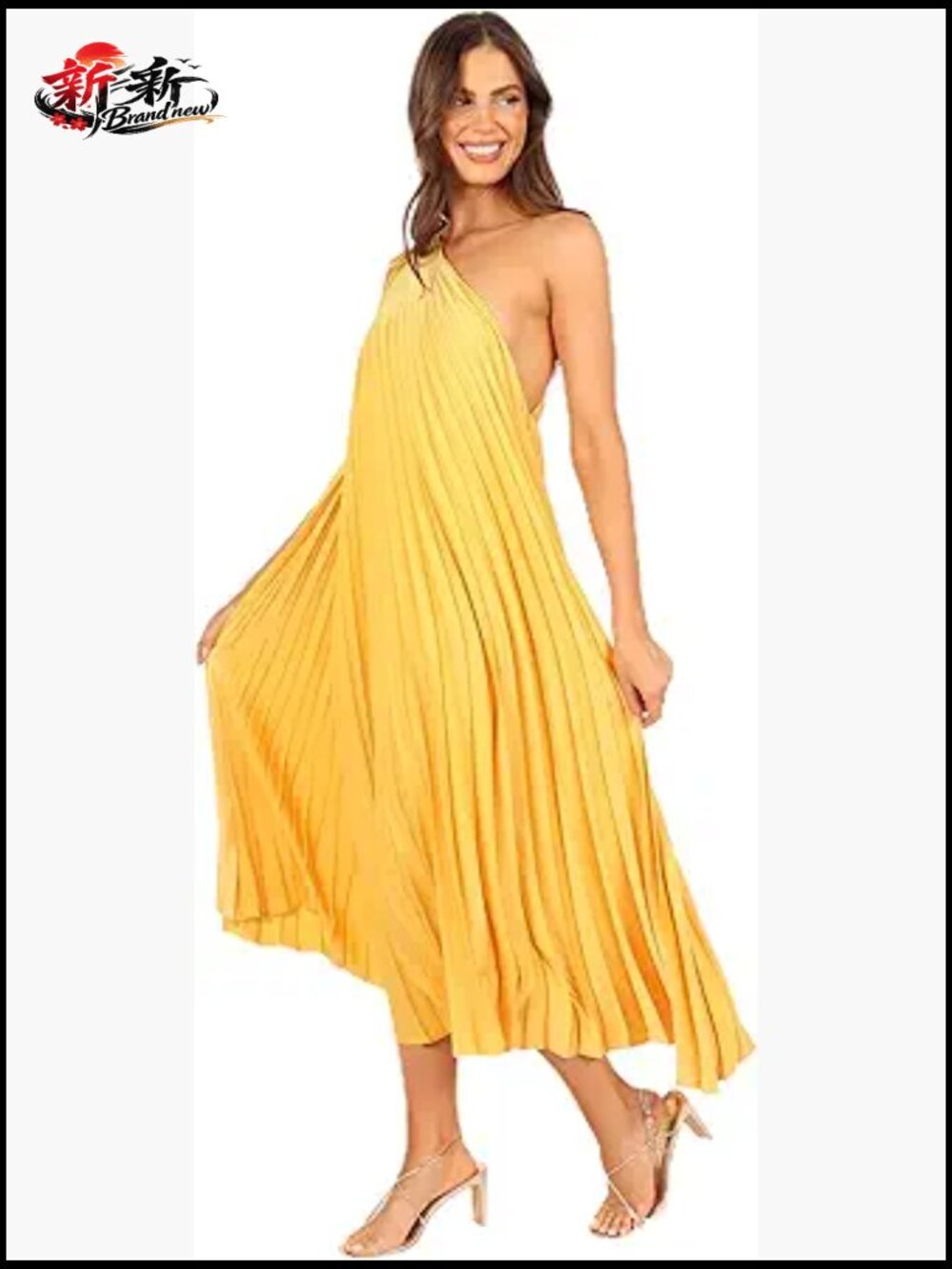 One Shoulder Midi Dress with Drawstring - Polyester, Relaxed Fit